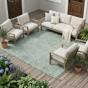 8 X 10 Turquoise Geometric Polyester Area Rug Washable Stain Resistant Patio