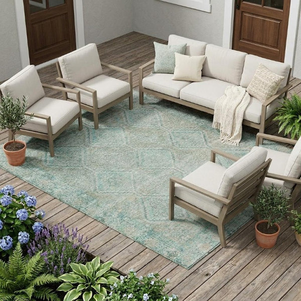 8 X 10 Turquoise Geometric Polyester Area Rug Washable Stain Resistant Patio