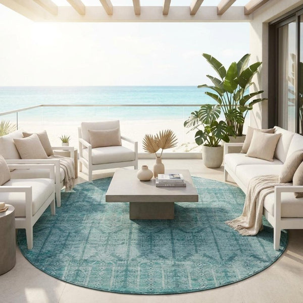 8 Ft Round Tribal Geometric Aqua Teal Polyester Washable Indoor Outdoor Rug