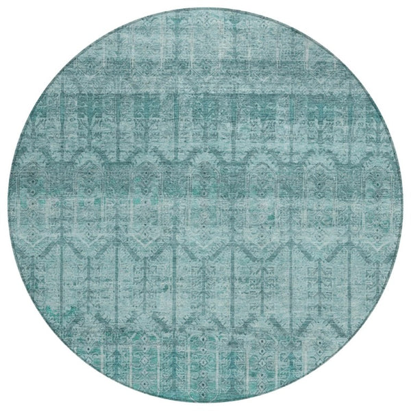 HomeRoots 8 Ft Round Tribal Geometric Aqua Teal Polyester Washable Indoor Outdoor Rug 739237