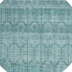 8 Ft Round Tribal Geometric Aqua Teal Polyester Washable Indoor Outdoor Rug