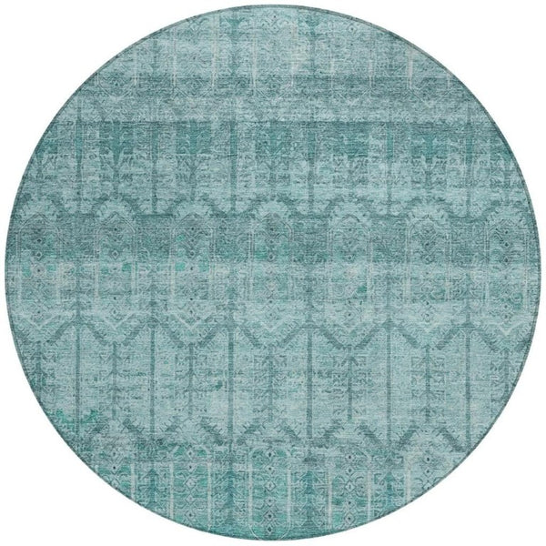 8 Ft Round Tribal Geometric Aqua Teal Polyester Washable Indoor Outdoor Rug