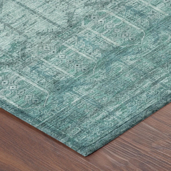 8 Ft Round Tribal Geometric Aqua Teal Polyester Washable Indoor Outdoor Rug