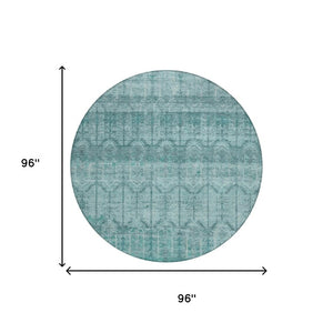 8 Ft Round Tribal Geometric Aqua Teal Polyester Washable Indoor Outdoor Rug