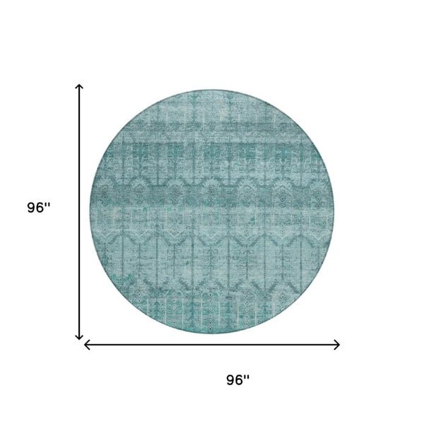 8 Ft Round Tribal Geometric Aqua Teal Polyester Washable Indoor Outdoor Rug