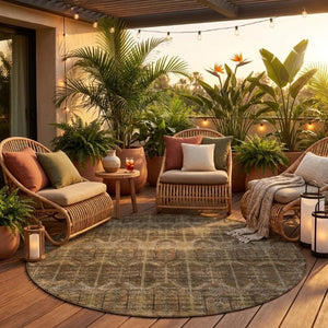 8 Ft Round Tribal Geometric Polyester Rug Stain Resistant Indoor Outdoor Brown