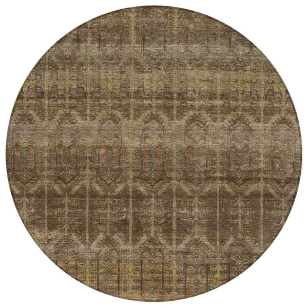 HomeRoots 8 Ft Round Tribal Geometric Polyester Rug Stain Resistant Indoor Outdoor Brown 739255