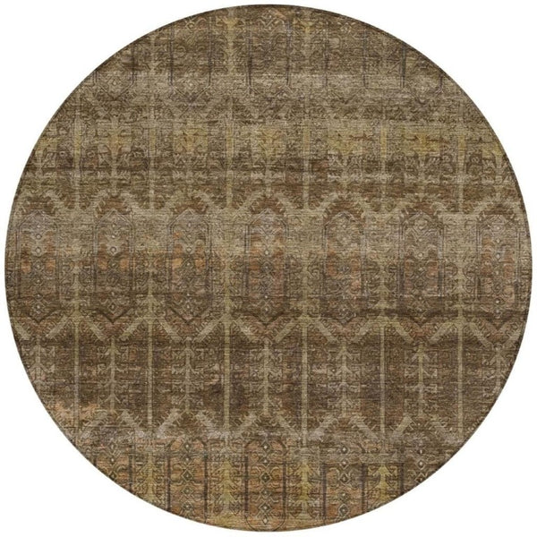 8 Ft Round Tribal Geometric Polyester Rug Stain Resistant Indoor Outdoor Brown