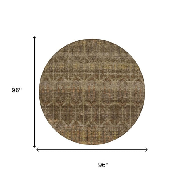 8 Ft Round Tribal Geometric Polyester Rug Stain Resistant Indoor Outdoor Brown