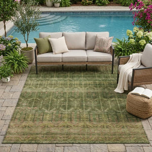 5 X 8 Olive Green Tribal Polyester Area Rug Washable for Indoor Outdoor Use