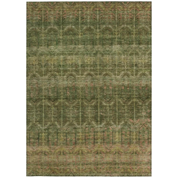 5 X 8 Olive Green Tribal Polyester Area Rug Washable for Indoor Outdoor Use
