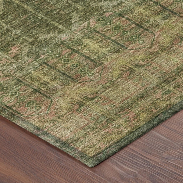 5 X 8 Olive Green Tribal Polyester Area Rug Washable for Indoor Outdoor Use