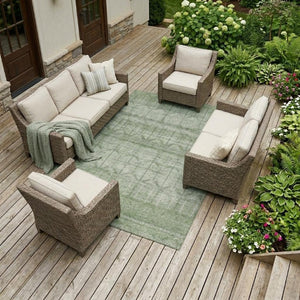 10 X 14 Sage Green Tribal Polyester Area Rug Stain Resistant for Patio or Living Room