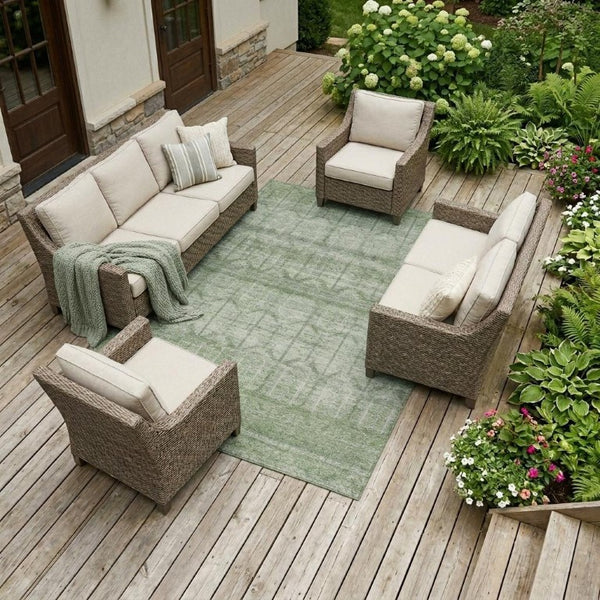 10 X 14 Sage Green Tribal Polyester Area Rug Stain Resistant for Patio or Living Room