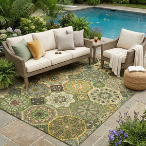 5x8 Patchwork Polyester Area Rug Washable Indoor Outdoor Stain Resistant Green