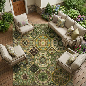 8 X 10 Green Patchwork Polyester Area Rug Washable Stain Resistant Indoor Outdoor