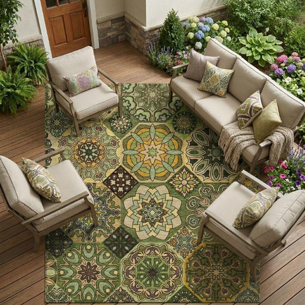 8 X 10 Green Patchwork Polyester Area Rug Washable Stain Resistant Indoor Outdoor