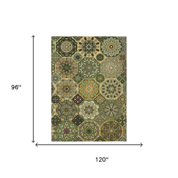 8 X 10 Green Patchwork Polyester Area Rug Washable Stain Resistant Indoor Outdoor
