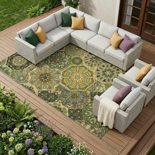 9 X 12 Green Patchwork Polyester Area Rug Washable Stain Resistant Indoor Outdoor