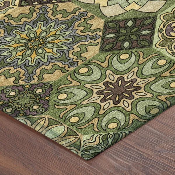 9 X 12 Green Patchwork Polyester Area Rug Washable Stain Resistant Indoor Outdoor