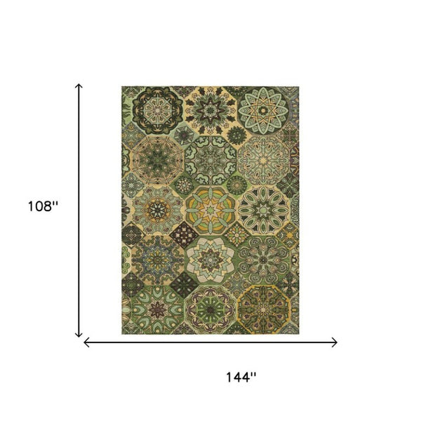 9 X 12 Green Patchwork Polyester Area Rug Washable Stain Resistant Indoor Outdoor