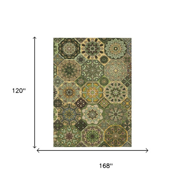 10 X 14 Patchwork Polyester Area Rug Washable Stain Resistant Indoor Outdoor Green