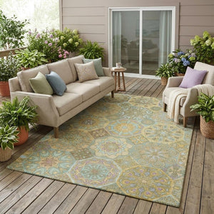 5x8 Gold Green Patchwork Polyester Area Rug Stain Resistant Indoor Outdoor Use