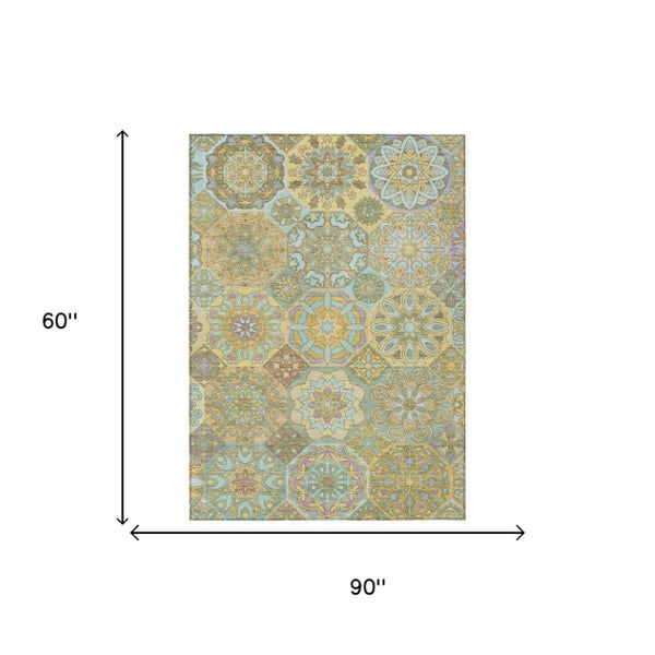 5x8 Gold Green Patchwork Polyester Area Rug Stain Resistant Indoor Outdoor Use