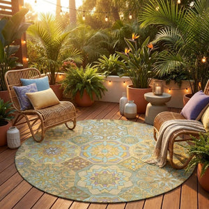 8 Foot Round Patchwork Polyester Area Rug Stain Resistant for Indoor Outdoor Use
