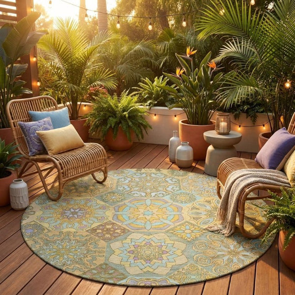 8 Foot Round Patchwork Polyester Area Rug Stain Resistant for Indoor Outdoor Use