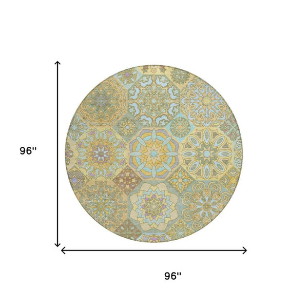 8 Foot Round Patchwork Polyester Area Rug Stain Resistant for Indoor Outdoor Use