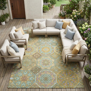 8 X 10 Gold Green Patchwork Polyester Area Rug Stain Resistant Indoor Outdoor