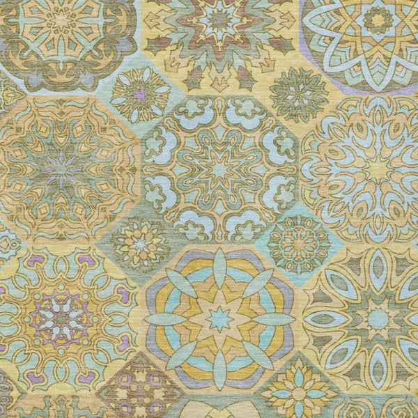 8 X 10 Gold Green Patchwork Polyester Area Rug Stain Resistant Indoor Outdoor