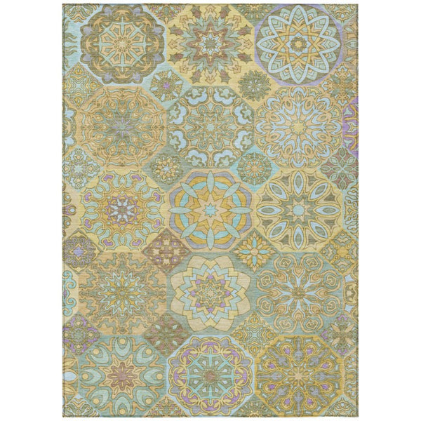 HomeRoots 9 X 12 Gold Green Patchwork Polyester Area Rug Washable for Indoor Outdoor Use 739281