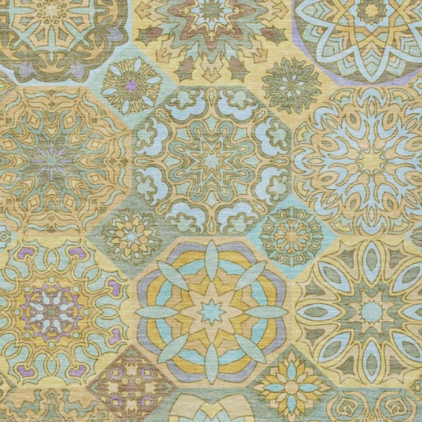 9 X 12 Gold Green Patchwork Polyester Area Rug Washable for Indoor Outdoor Use
