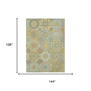 9 X 12 Gold Green Patchwork Polyester Area Rug Washable for Indoor Outdoor Use