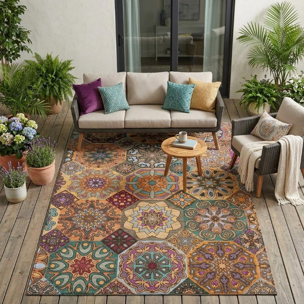 5x8 Patchwork Polyester Area Rug Washable Stain Resistant Indoor Outdoor Decor
