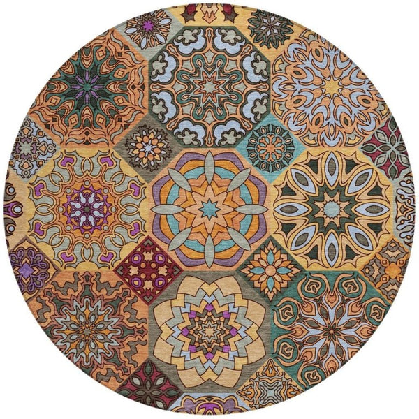 HomeRoots 8 Ft Round Patchwork Area Rug Stain Resistant Polyester for Indoor Outdoor Use 739285