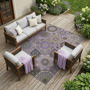 8x10 Purple Graphite Patchwork Polyester Area Rug Stain Resistant Indoor Outdoor
