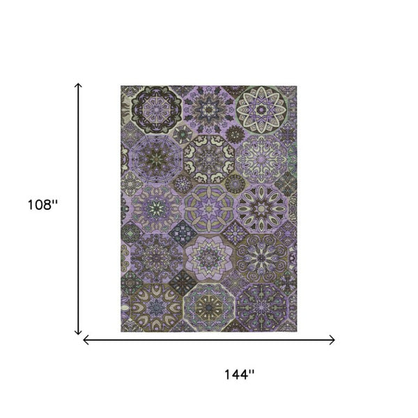 9 X 12 Purple Graphite Patchwork Polyester Area Rug for Indoor Outdoor Living