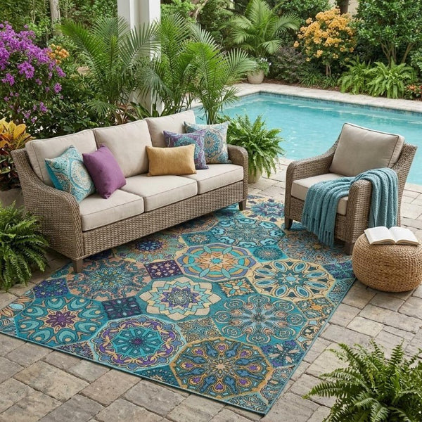 5x8 Teal Turquoise Patchwork Polyester Washable Rug for Patio Porch or Living Room