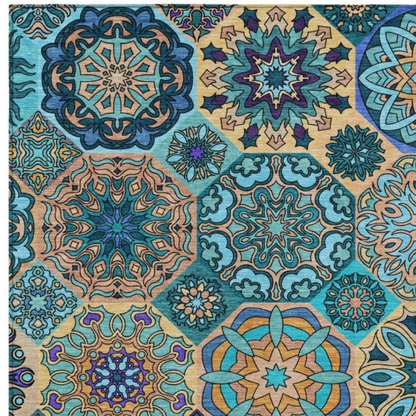 5x8 Teal Turquoise Patchwork Polyester Washable Rug for Patio Porch or Living Room