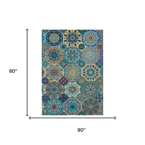 5x8 Teal Turquoise Patchwork Polyester Washable Rug for Patio Porch or Living Room