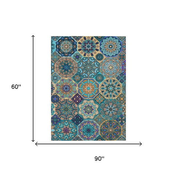 5x8 Teal Turquoise Patchwork Polyester Washable Rug for Patio Porch or Living Room