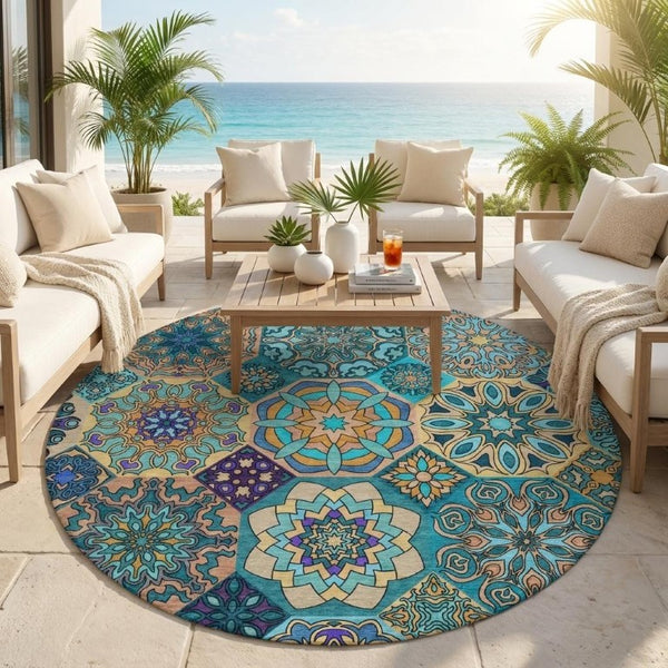 8 Ft Round Patchwork Teal Polyester Area Rug Washable Stain Resistant Indoor Outdoor