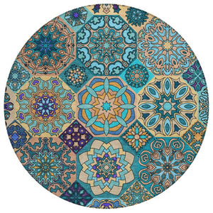 HomeRoots 8 Ft Round Patchwork Teal Polyester Area Rug Washable Stain Resistant Indoor Outdoor 739297