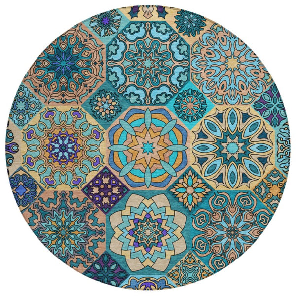 HomeRoots 8 Ft Round Patchwork Teal Polyester Area Rug Washable Stain Resistant Indoor Outdoor 739297