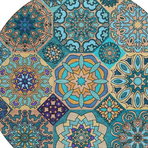 8 Ft Round Patchwork Teal Polyester Area Rug Washable Stain Resistant Indoor Outdoor