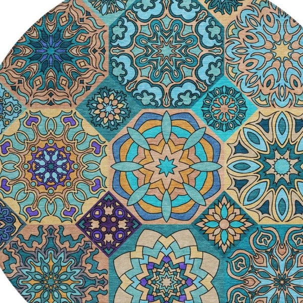 8 Ft Round Patchwork Teal Polyester Area Rug Washable Stain Resistant Indoor Outdoor