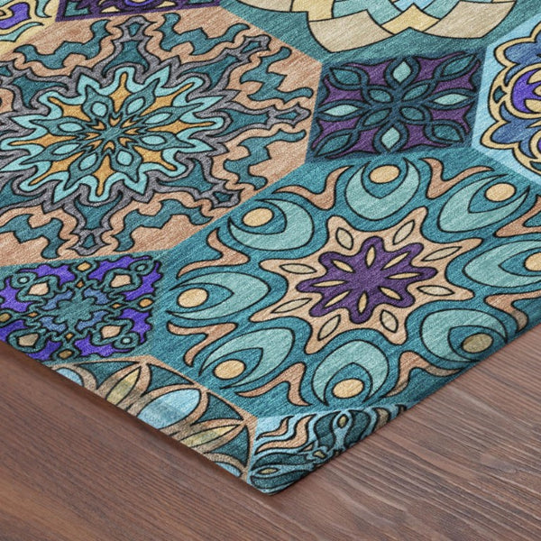 8 Ft Round Patchwork Teal Polyester Area Rug Washable Stain Resistant Indoor Outdoor
